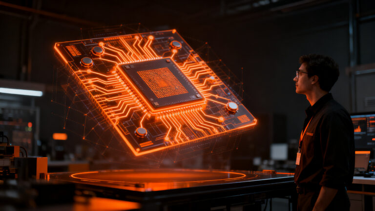 Ingeniero analizando un diseño de chip complejo con IA, representando la alianza entre OpenAI y Synopsys para semiconductores.