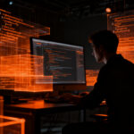 Desarrollador de software interactuando con un entorno de agentes de IA para la automatización de código OpenCode 2.0.