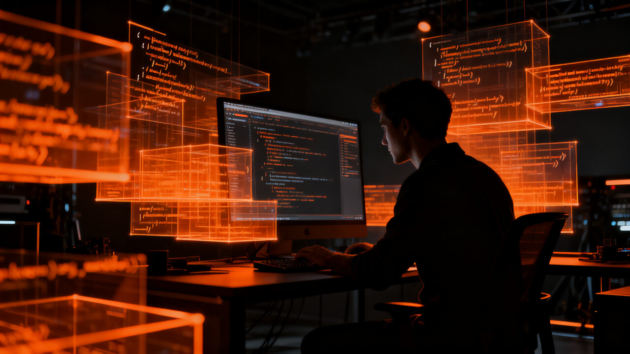 Desarrollador de software interactuando con un entorno de agentes de IA para la automatización de código OpenCode 2.0.