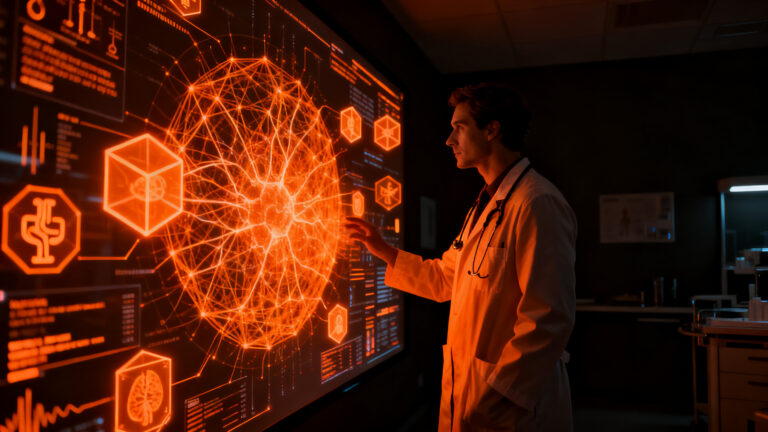 Médico consultando una interfaz de IA médica avanzada, representando la alta valuación y el éxito de la startup OpenEvidence en salud.