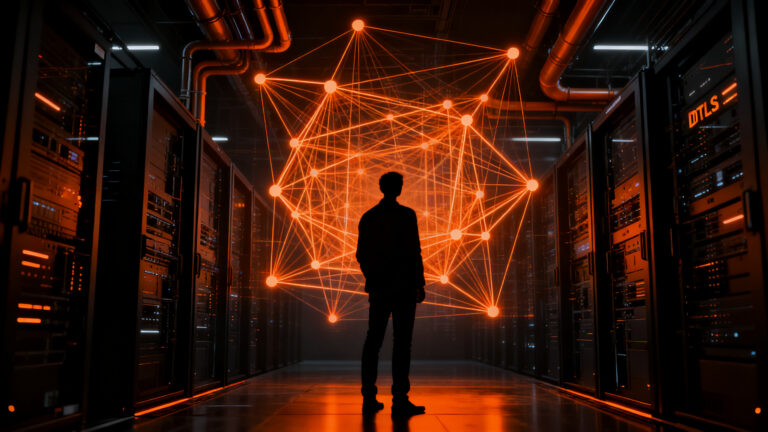 Especialista en ciberseguridad analizando redes de datos con criptografía post-cuántica y protocolos DTLS 1.3.