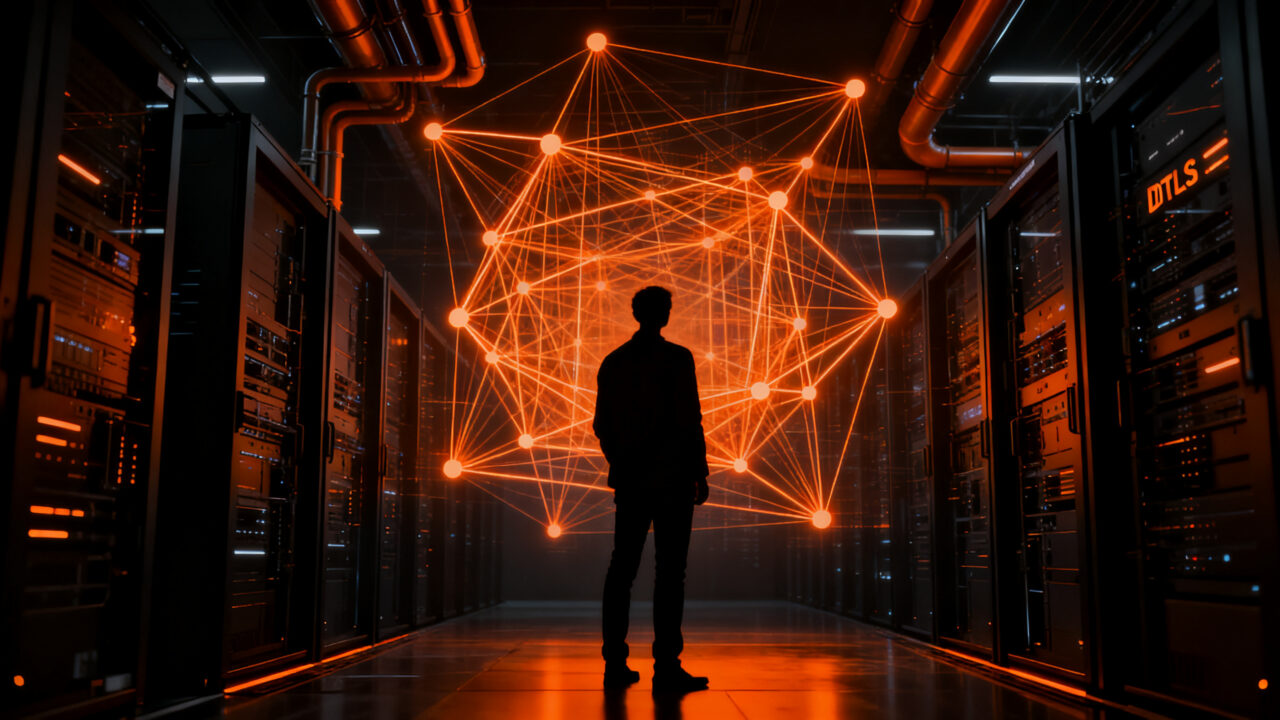 Especialista en ciberseguridad analizando redes de datos con criptografía post-cuántica y protocolos DTLS 1.3.