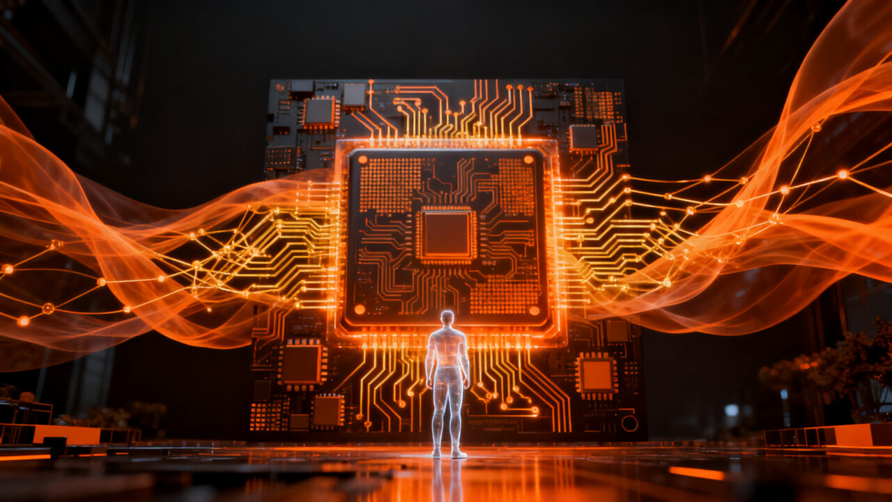 Representación conceptual de un chip de IA diseñado por agentes inteligentes, destacando la arquitectura hardware open-source y la aceleración de inferencia.