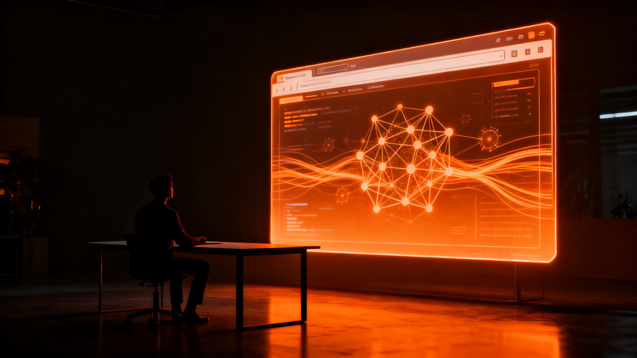 Persona navegando en un entorno digital futurista con WebAI, IA local en el navegador para startups.