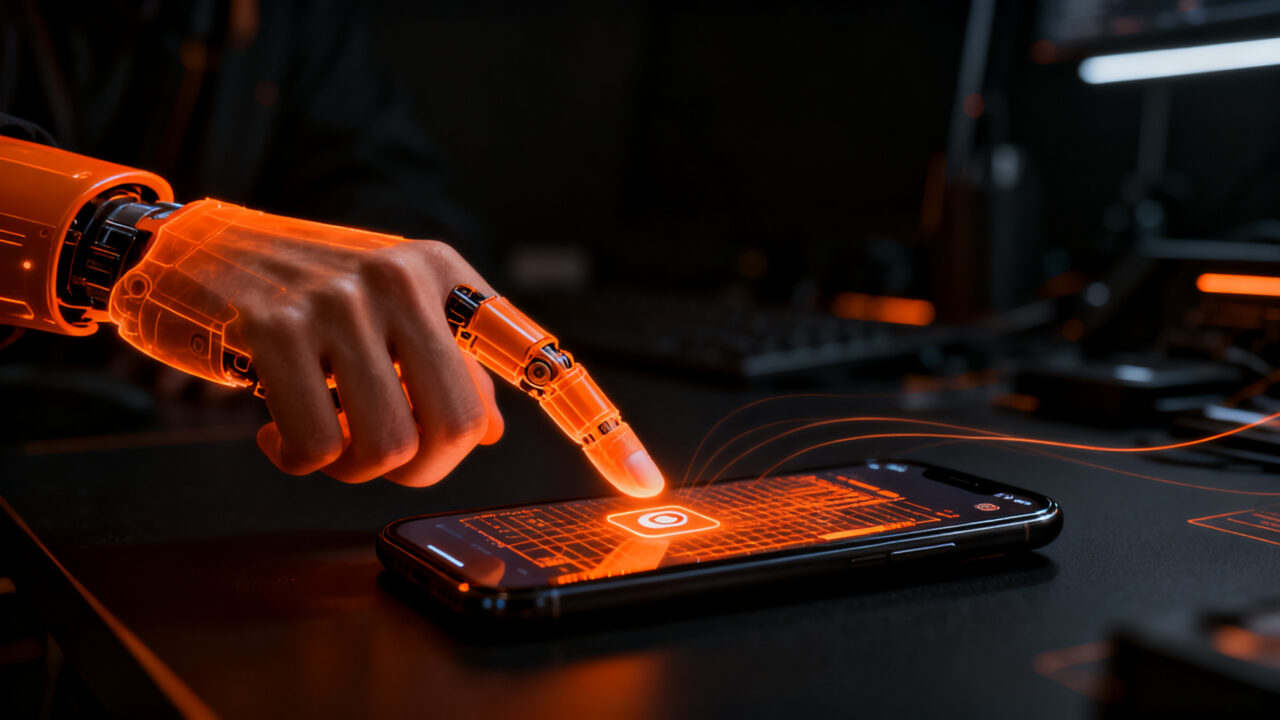 Agente de IA Opposable interactuando con un smartphone para automatización móvil inteligente.