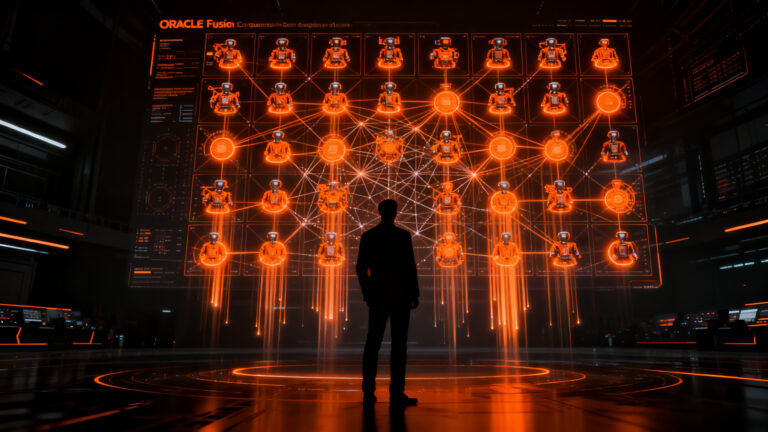 Un profesional observa una red de agentes de IA interconectados, representando la automatización corporativa de Oracle Fusion.