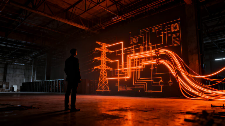 Infraestructura de datacenter de IA en construcción, representando los desafíos energéticos y de red en el sector tecnológico.