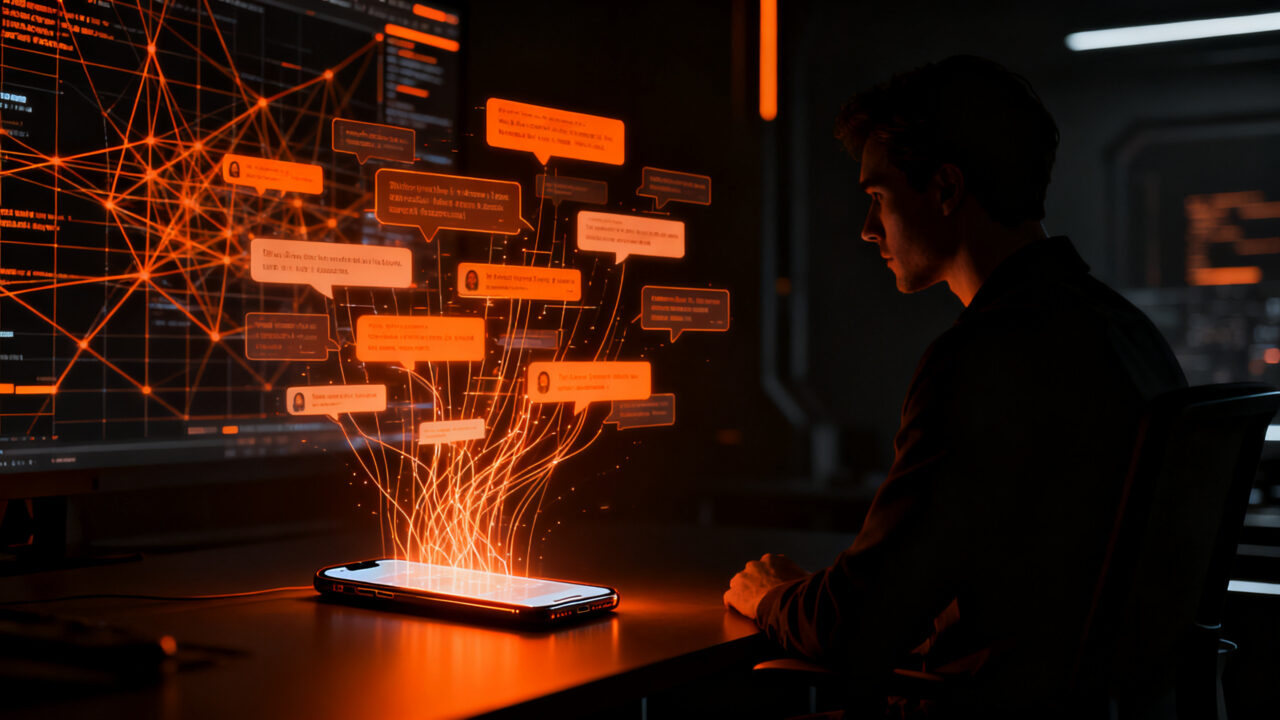 Investigador de ciberseguridad analizando datos de IA en un entorno digital oscuro, representando la privacidad y forense digital en Android.