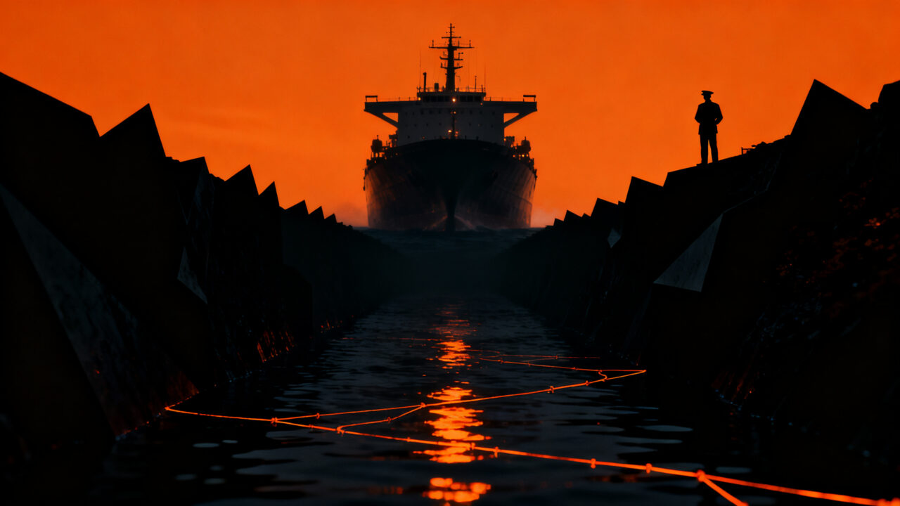 Petroleros navegando en la oscuridad del estrecho de Ormuz, representando el alto riesgo geopolítico y el impacto en costos logísticos globales.