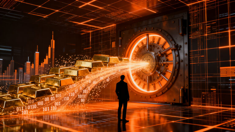 Representación visual del mercado de oro digital y tokenización, mostrando la convergencia entre finanzas tradicionales y tecnología blockchain.