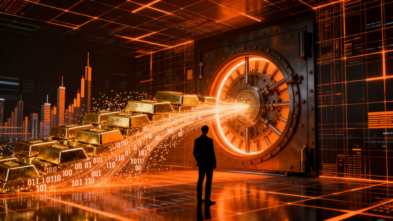 Representación visual del mercado de oro digital y tokenización, mostrando la convergencia entre finanzas tradicionales y tecnología blockchain.