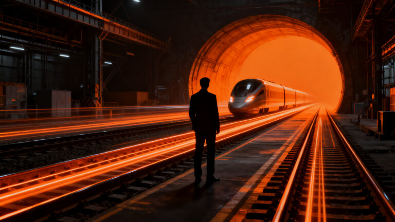 Ouigo y la competencia ferroviaria en España, representando la lucha por el acceso a talleres y la liberalización del mercado de alta velocidad frente a Renfe.