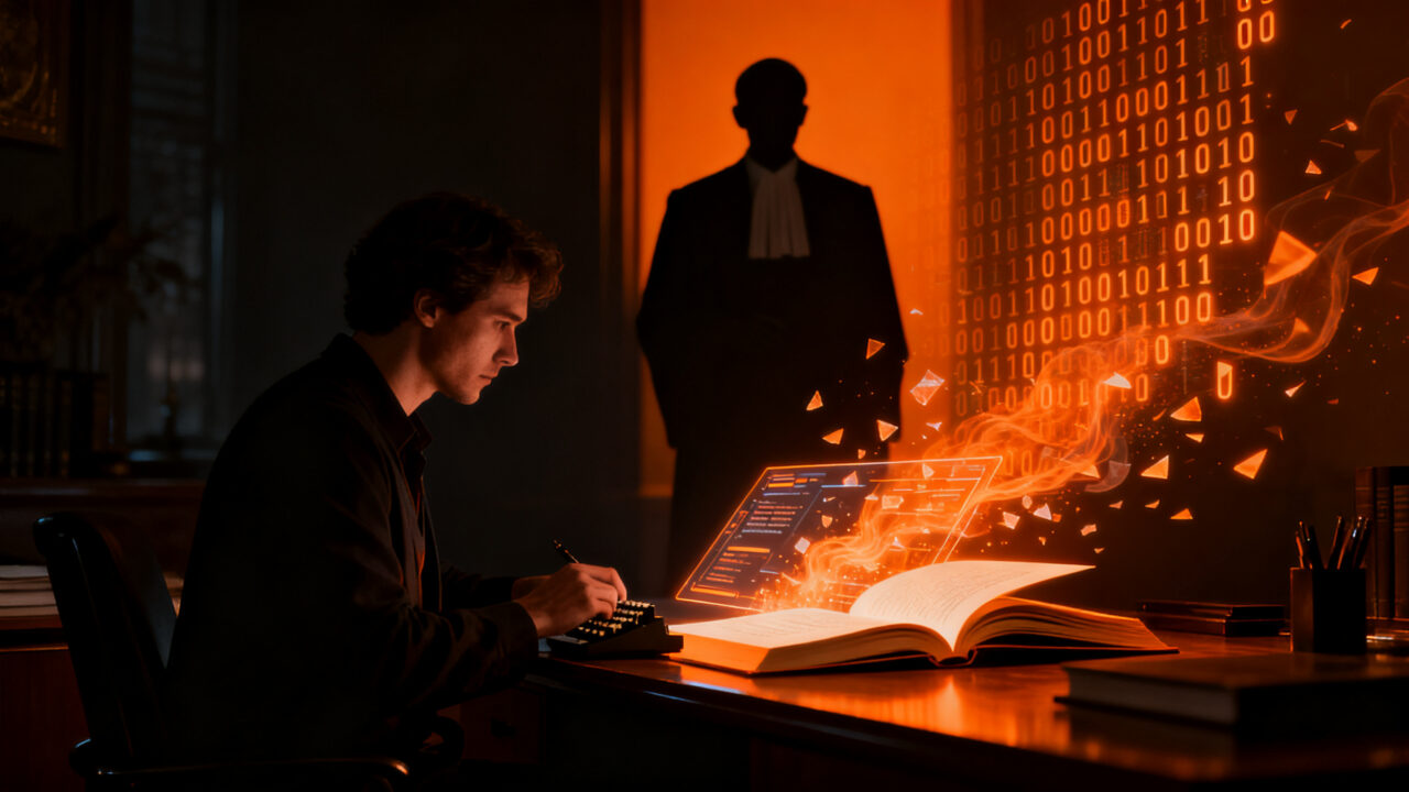 Detector de IA Pangram analizando un manuscrito, representando los retos de la ética tecnológica y la propiedad intelectual.