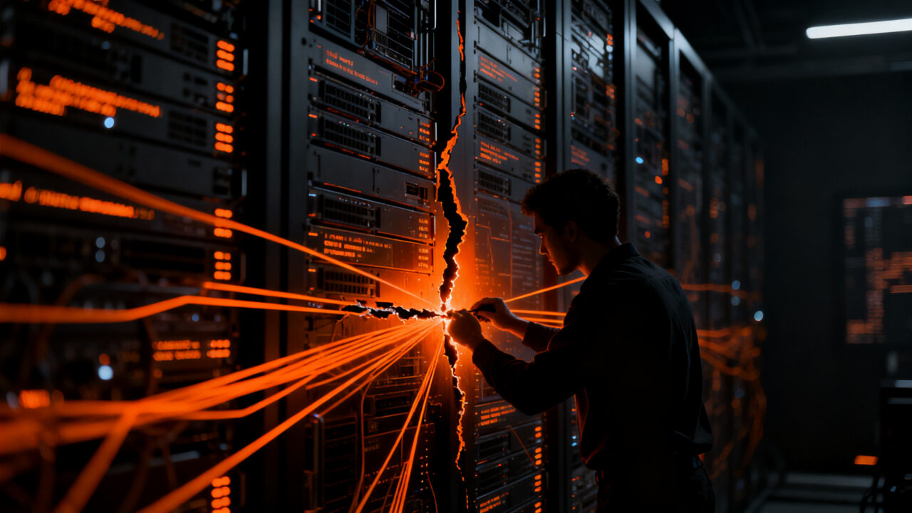 Ingeniero de software resolviendo vulnerabilidad crítica en infraestructura digital, representando la seguridad en .NET y parches de Microsoft.