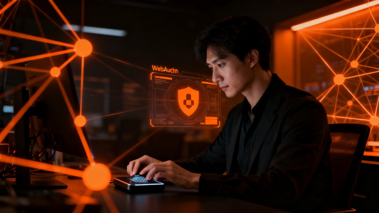 Profesional utilizando autenticación sin contraseña con passkeys para mejorar la seguridad digital contra el phishing.
