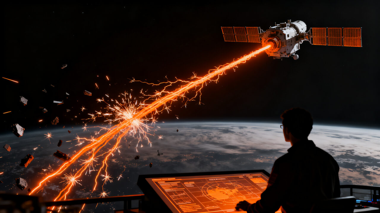 Representación visual de tecnología deep tech para la limpieza de basura espacial en órbita terrestre, desarrollada por PERSEI Space.