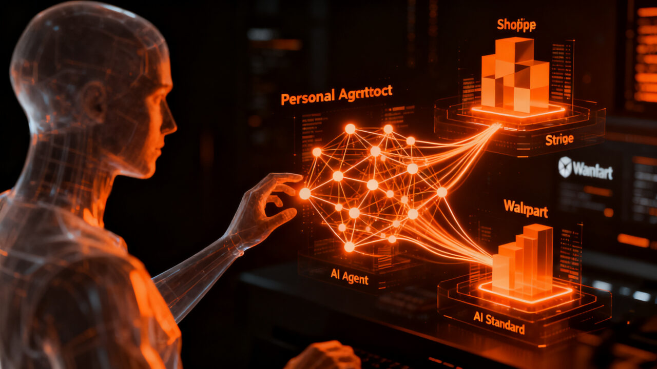 Representación visual del Personal Agent Protocol de Sierra y Meta, mostrando la integración de agentes de IA en el comercio digital.