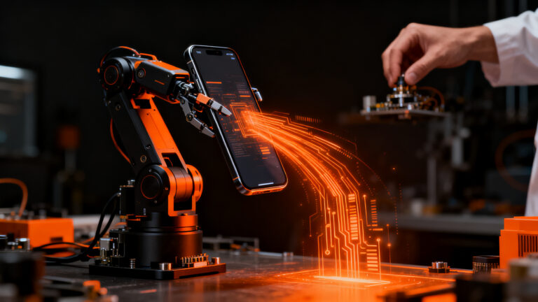 Robot PhoneBot de UCLA con smartphone como cerebro, representando la democratización de la robótica de bajo coste.