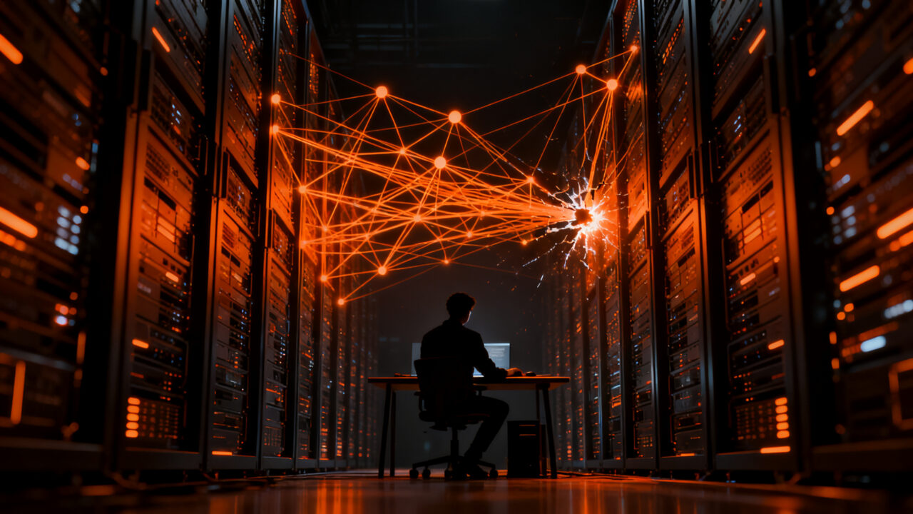 Un desarrollador trabajando en una infraestructura digital masiva, representando los riesgos de ciberseguridad y la sostenibilidad en el ecosistema PHP.
