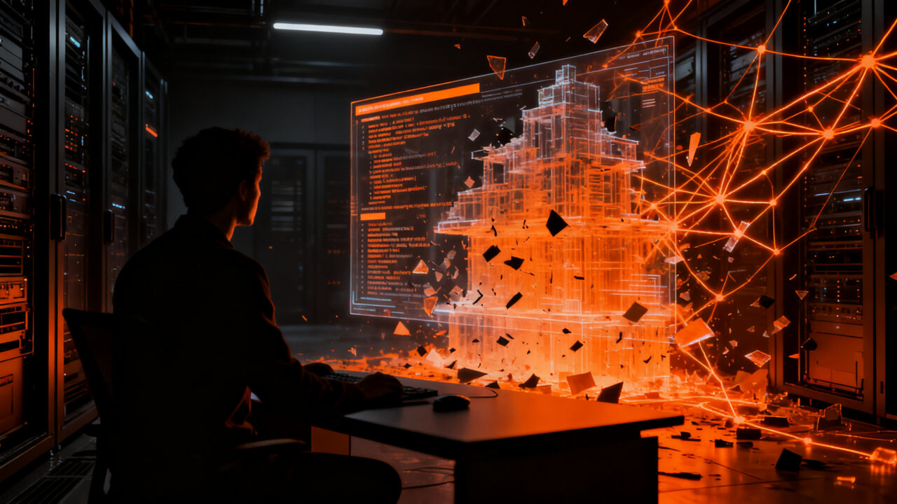 Ciberseguridad y vulnerabilidad PHP2Shell: especialista analizando código fuente bajo riesgo de ataque de IA.