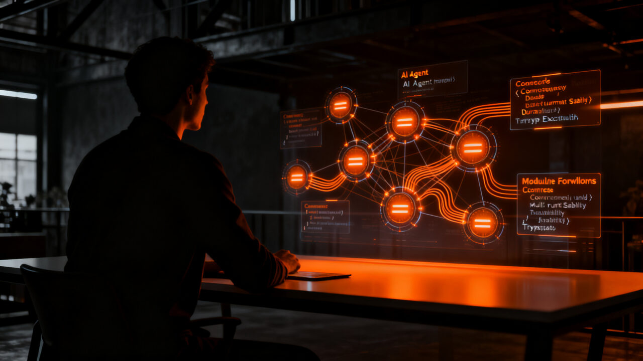 Desarrollador trabajando en agentes de IA con TypeScript y checkpoints, optimizando la persistencia y concurrencia en entornos serverless.