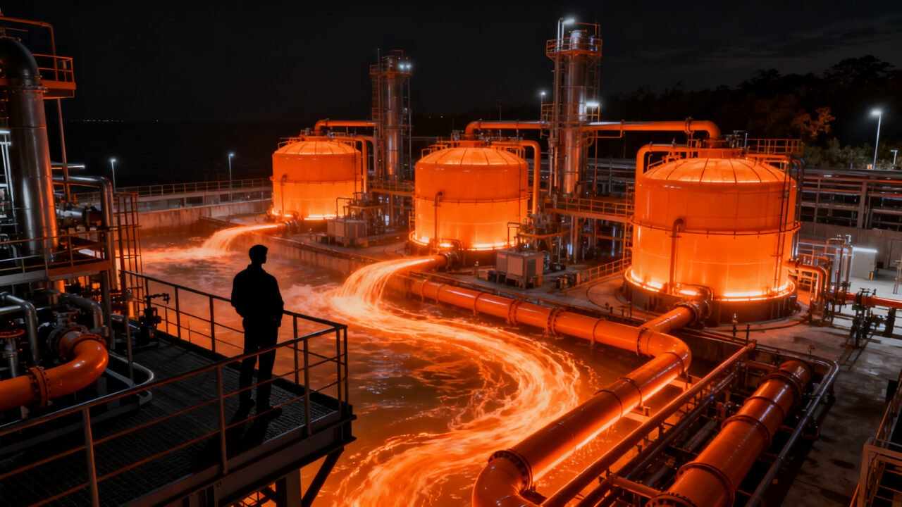 Planta de desalinización industrial eficiente con tecnología de economía circular y ahorro energético masivo.