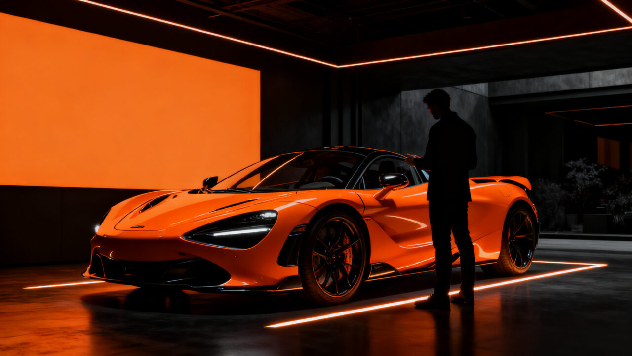 Silueta de un supercar Porsche Mission S de motor central en un entorno de lujo minimalista, representando la estrategia de alta gama y rentabilidad.