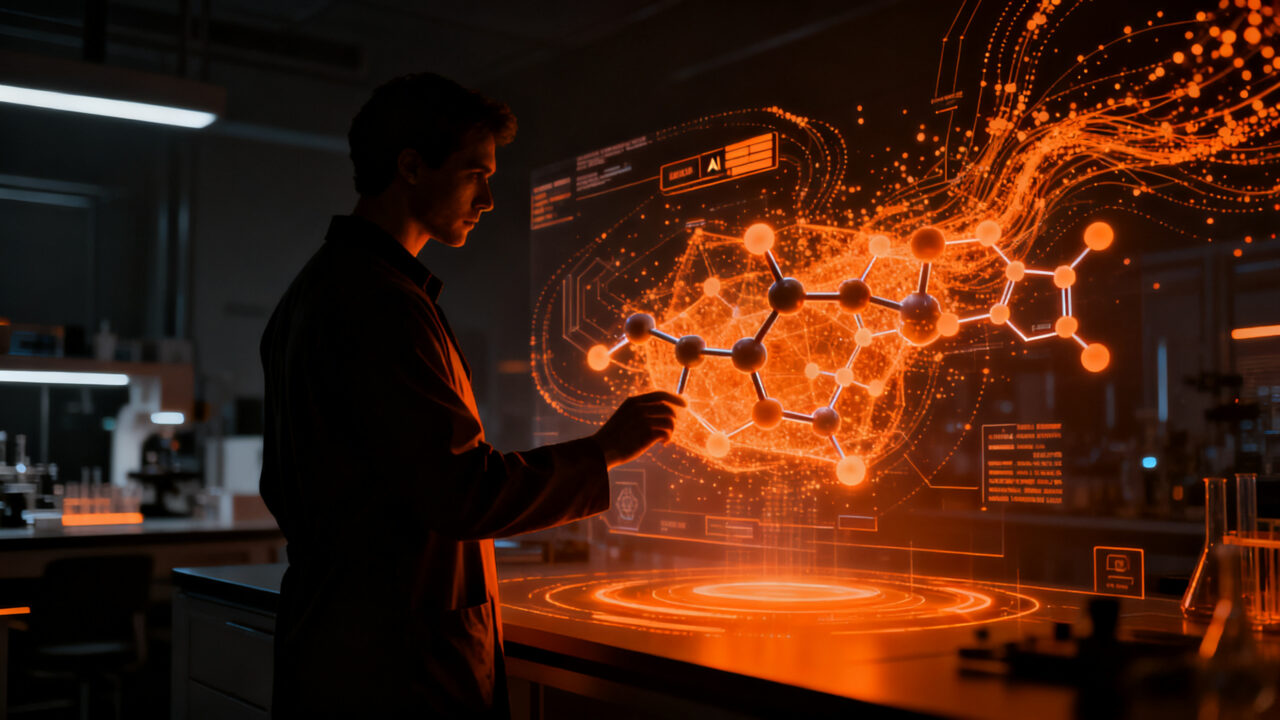 Investigador de biotecnología trabajando con agentes de IA para el descubrimiento de fármacos en un entorno de laboratorio avanzado.