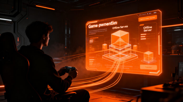 Un jugador sostiene un mando frente a una pantalla digital que representa la propiedad de videojuegos y la regulación tech.
