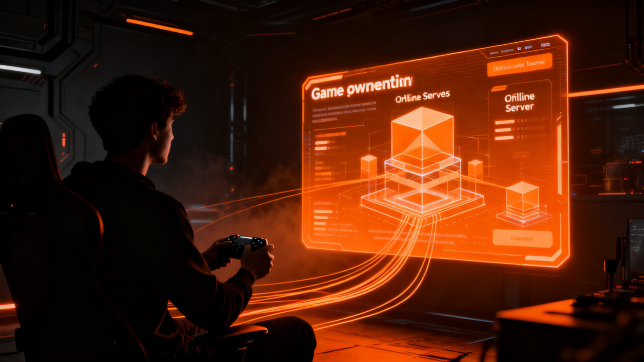 Un jugador sostiene un mando frente a una pantalla digital que representa la propiedad de videojuegos y la regulación tech.