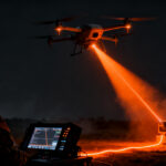 Dron militar PowerLight ARC con tecnología de carga por energía láser en vuelo, representando la innovación en defensa y el futuro de los drones.