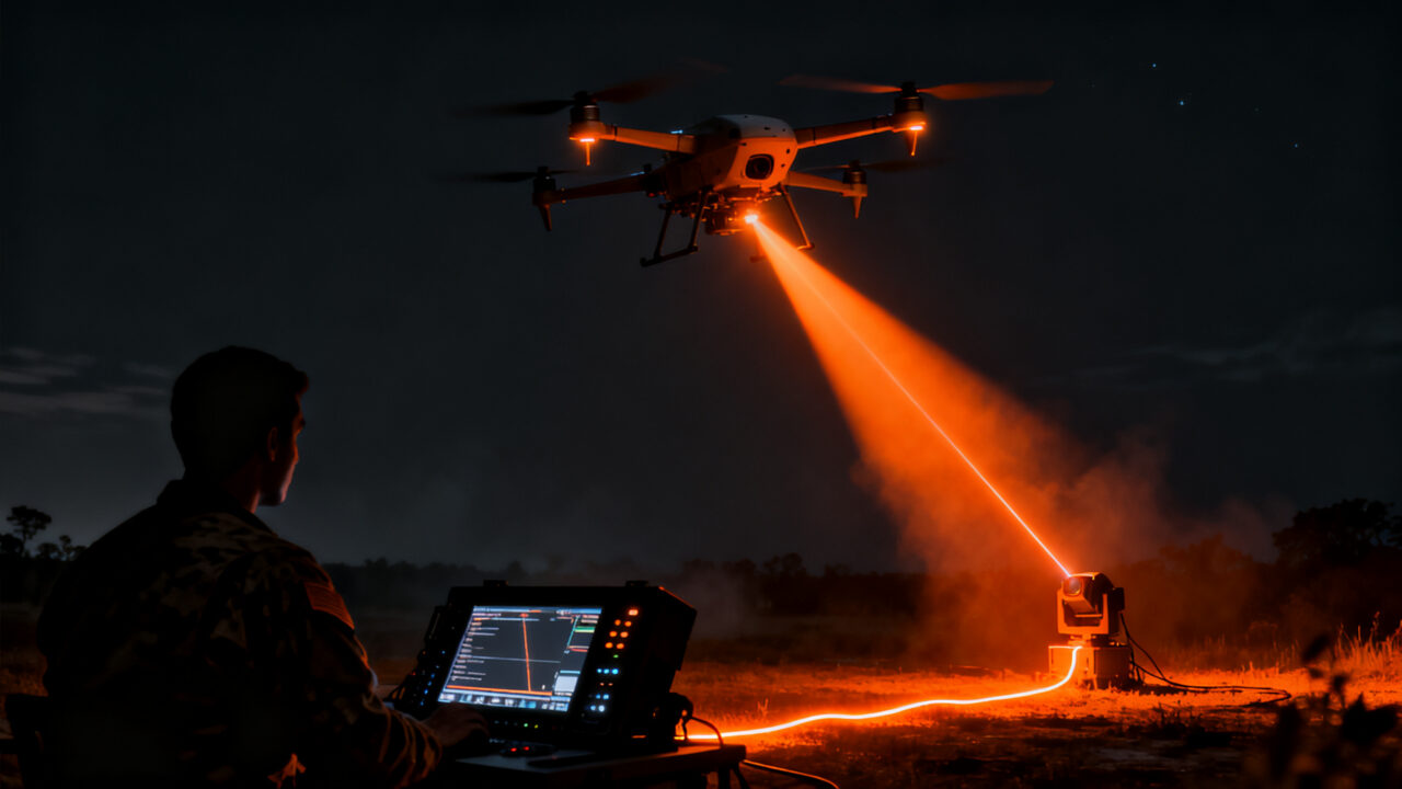 Dron militar PowerLight ARC con tecnología de carga por energía láser en vuelo, representando la innovación en defensa y el futuro de los drones.