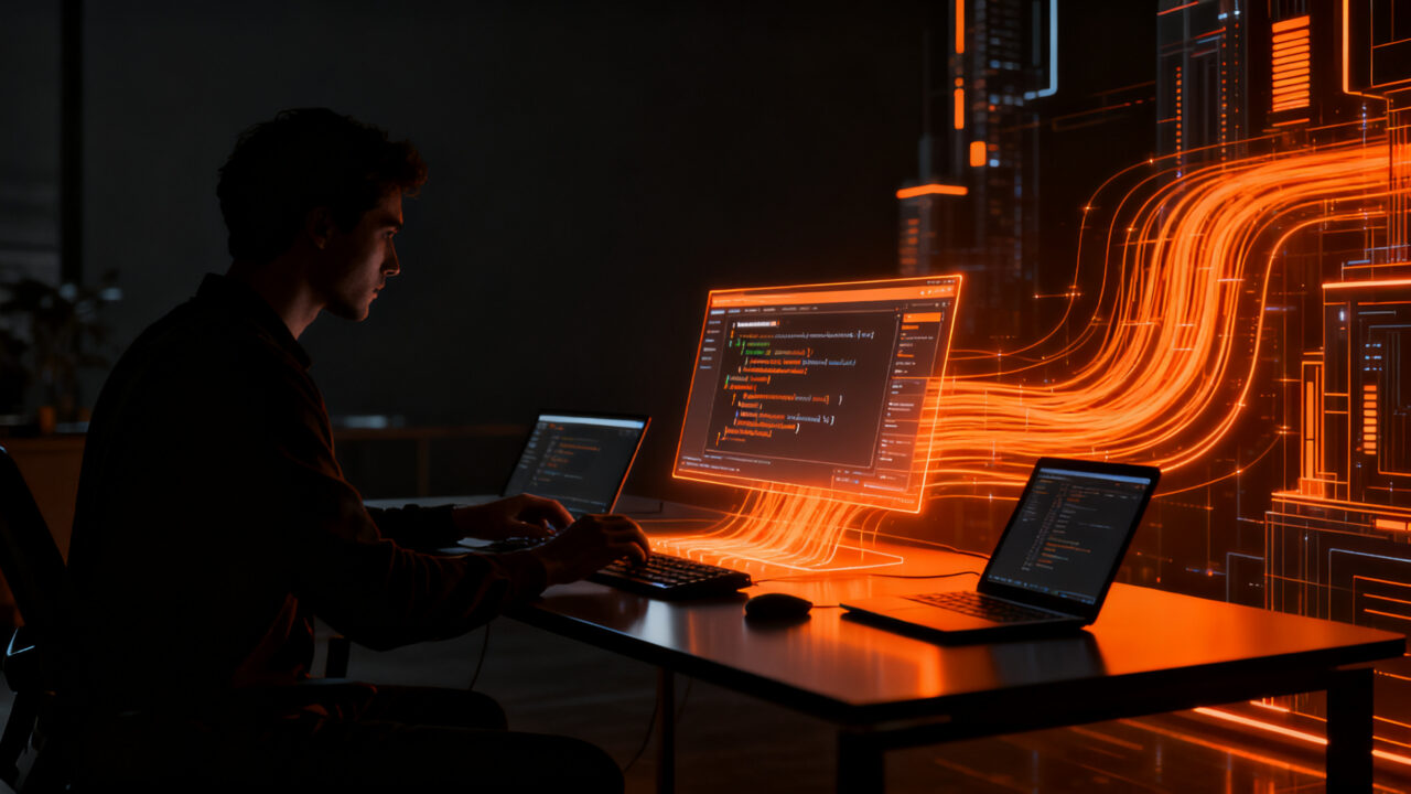 Programador automatizando procesos con PowerShell 7 en un entorno de desarrollo multiplataforma profesional.