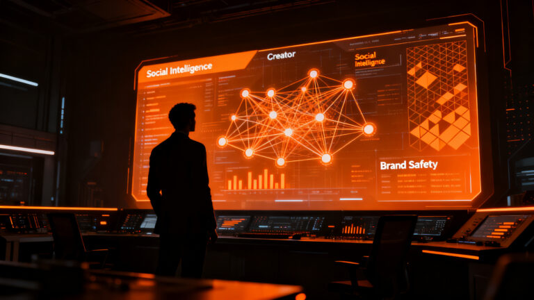 Representación conceptual del futuro del creator marketing, analizando riesgos de brand safety e inteligencia artificial en la industria.