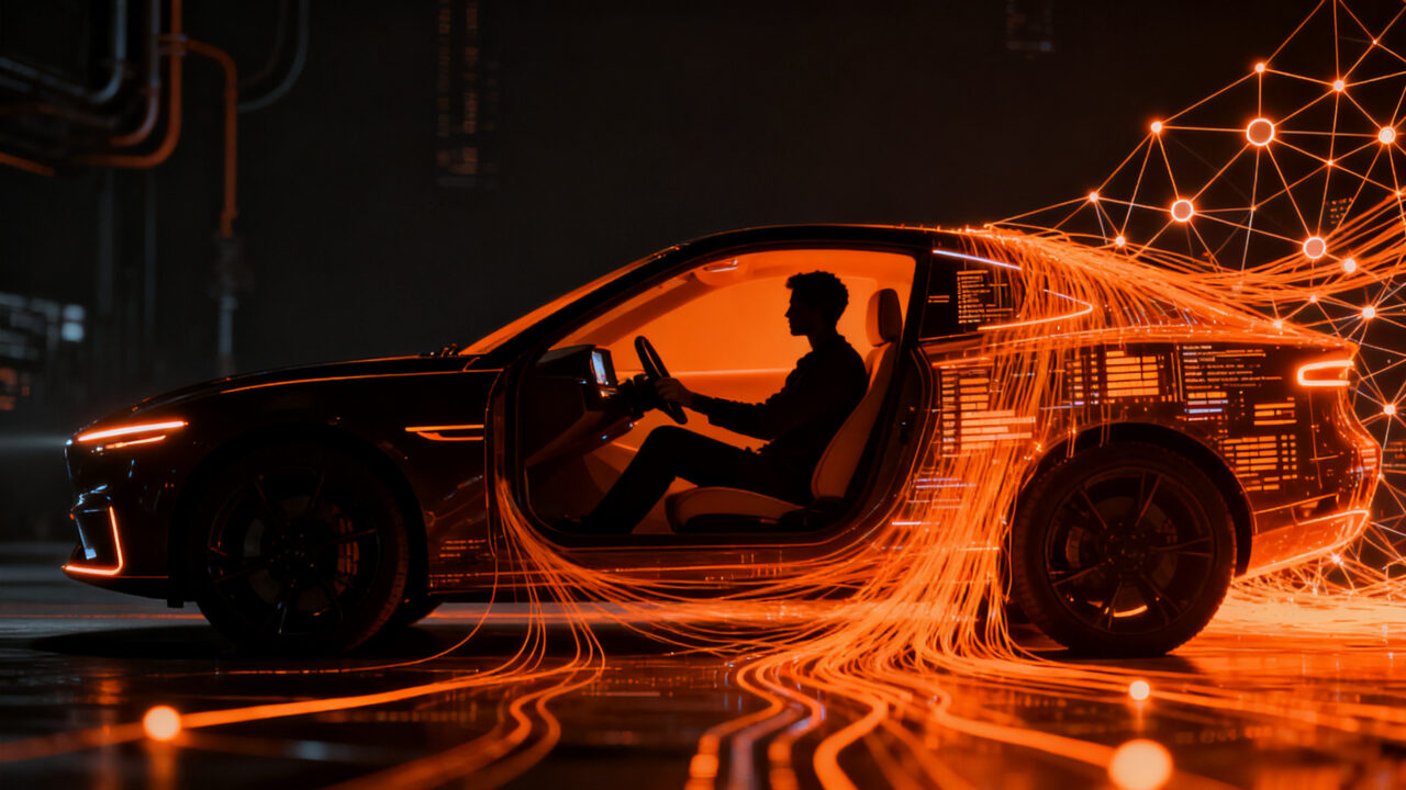 Privacidad de datos en coches conectados, mostrando riesgos de ciberseguridad y ética tecnológica en la industria automotriz.