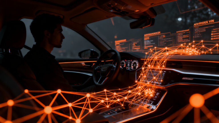 Representación visual de la privacidad de datos en coches conectados y la vigilancia de usuarios por parte de grandes tecnológicas.