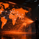 Emprendedor chileno analizando datos de IA en un entorno digital, representando el ciclo de transformación digital de ProChile para la internacionalización de startups.