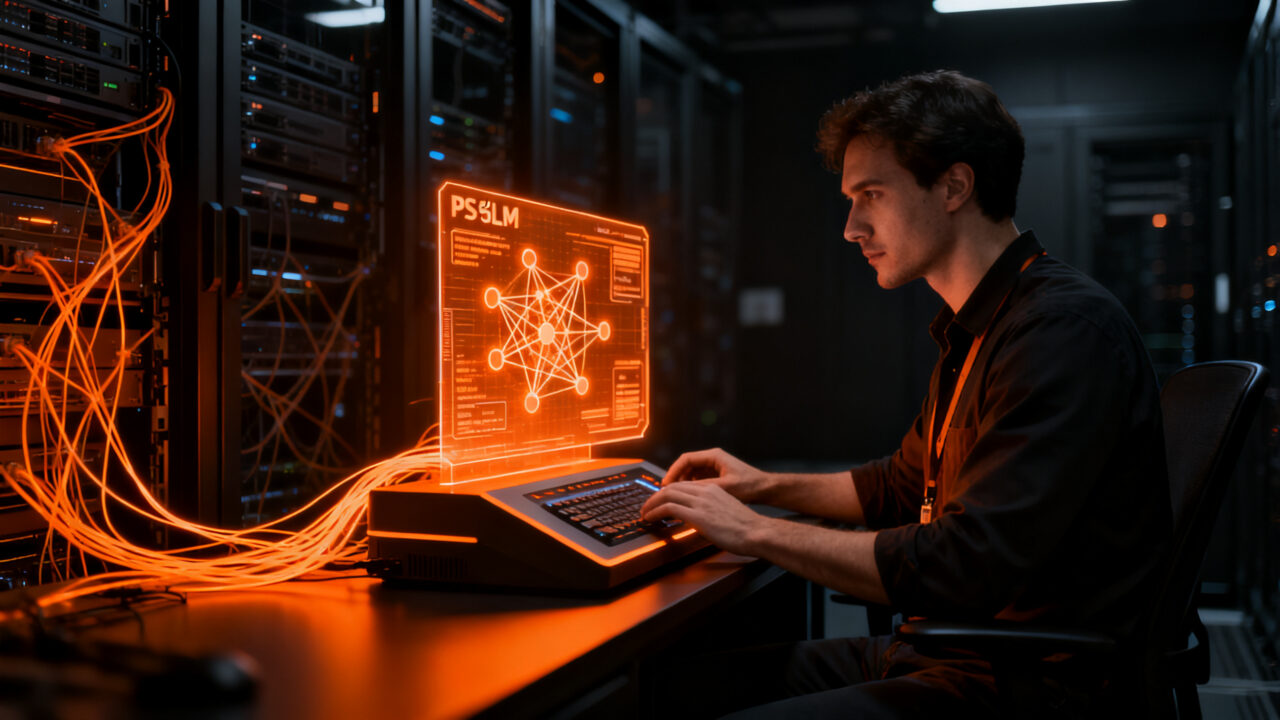 Ingeniero trabajando con infraestructura de IA local en una consola PS5, representando el despliegue de modelos privados y LLM en el ecosistema startup.