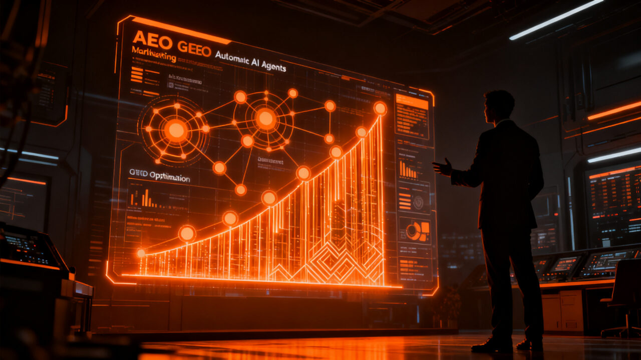 Estratega de negocios supervisando una red compleja de agentes de IA y datos para marketing, representando la evolución de Publicis Marcel.