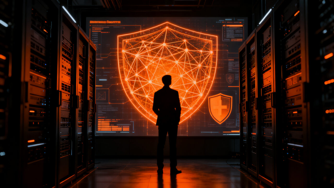 Empresario analizando ciberseguridad con inteligencia artificial en un entorno corporativo digital de alto riesgo.