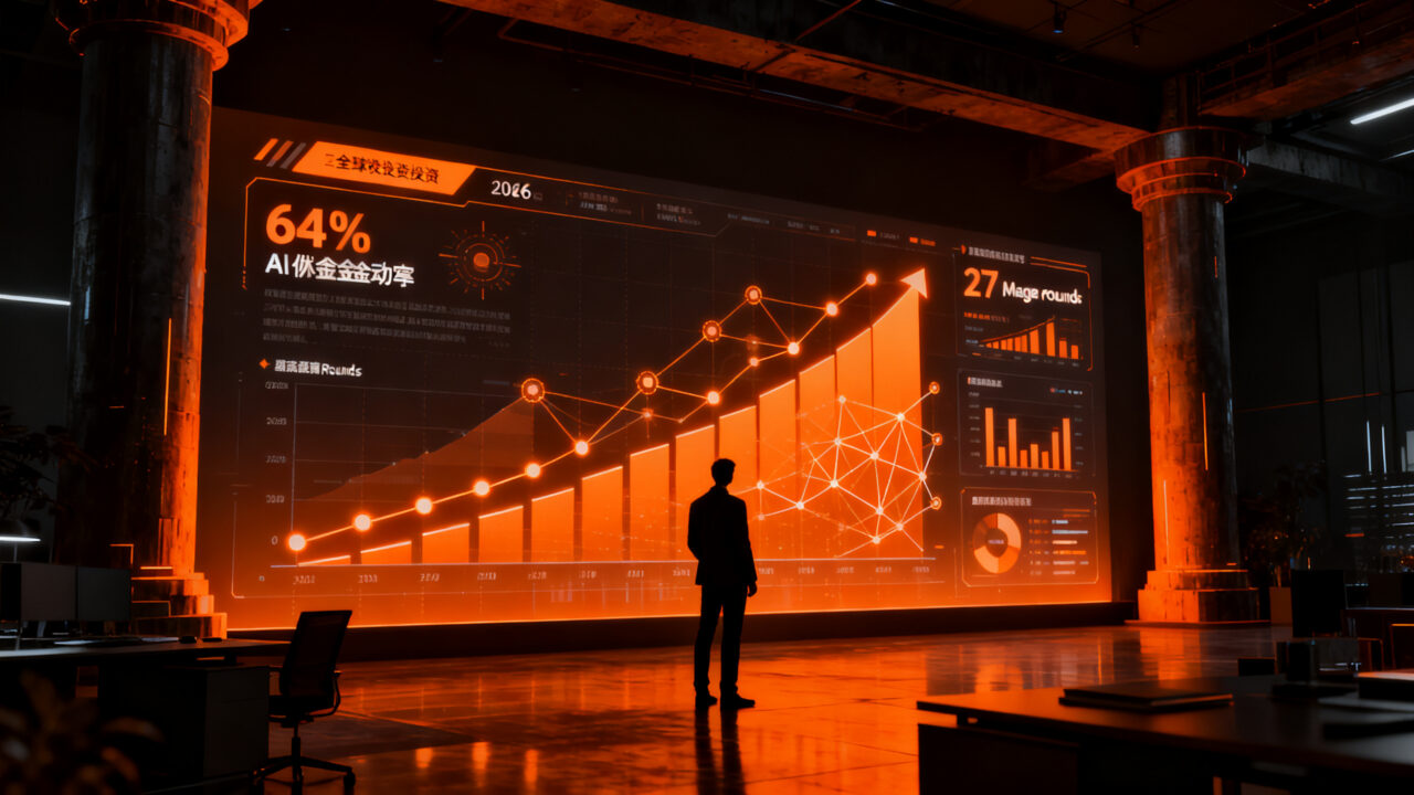 Gráfico de barras digital y siluetas de inversores analizando el dominio de la IA en el venture capital global durante el Q3 2026.