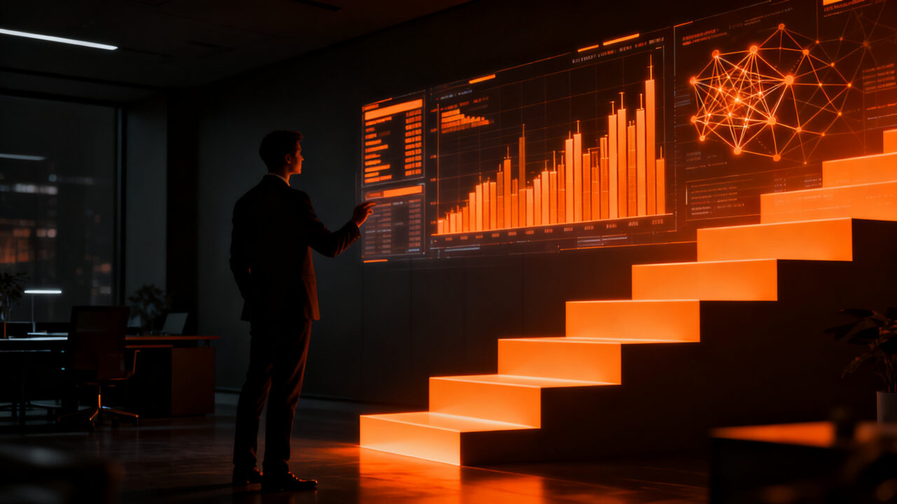 Ejecutivo analizando datos financieros con IA en un entorno tecnológico, representando la adopción de inteligencia artificial en pymes españolas.