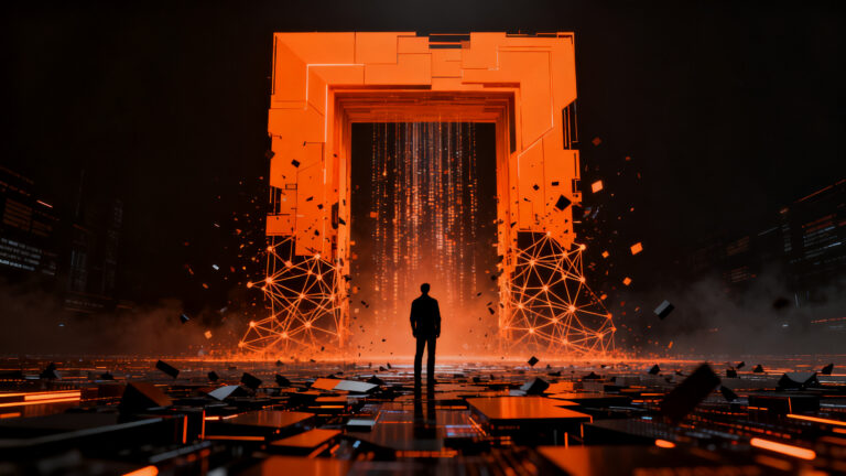 Representación conceptual de la caída y adquisición de una startup de inteligencia artificial, simbolizando el fin de un modelo de negocio y el inicio de una nueva etapa corporativa.