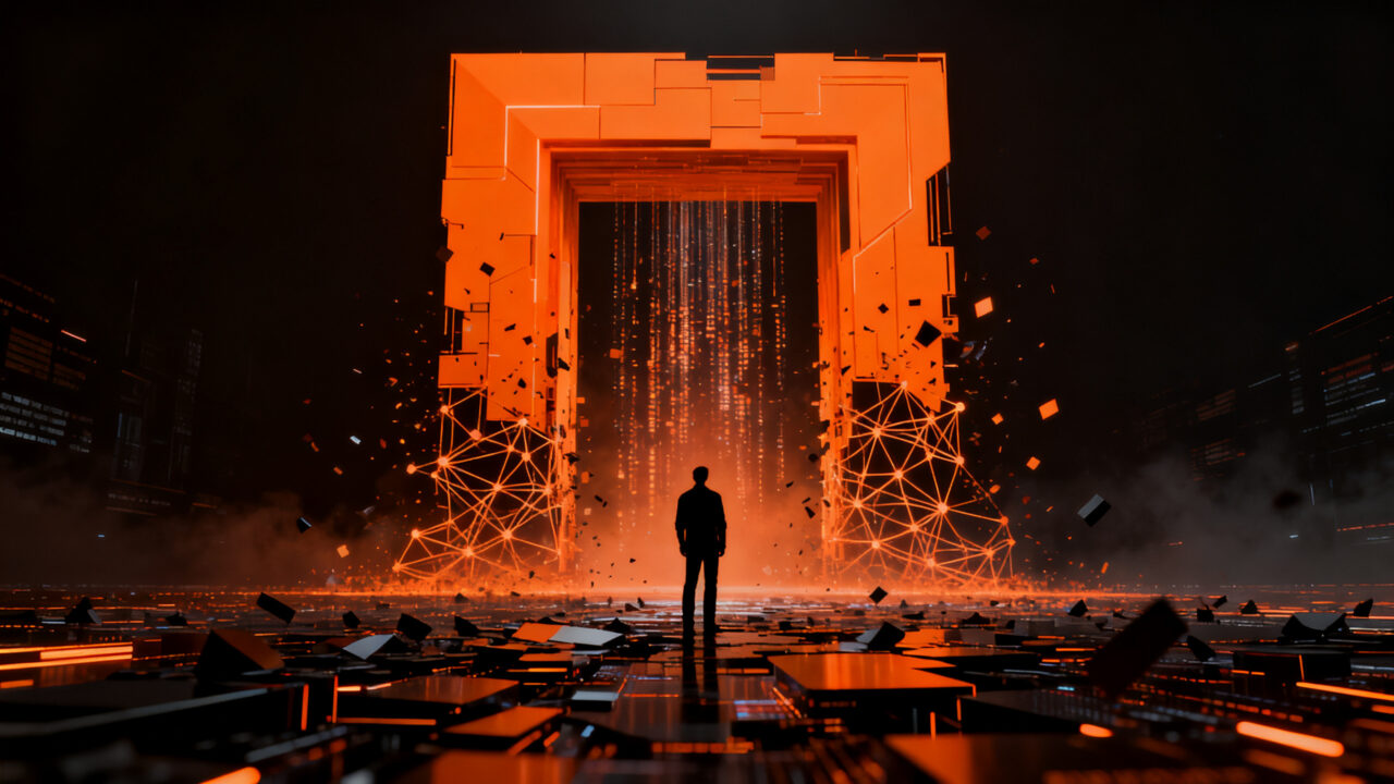 Representación conceptual de la caída y adquisición de una startup de inteligencia artificial, simbolizando el fin de un modelo de negocio y el inicio de una nueva etapa corporativa.