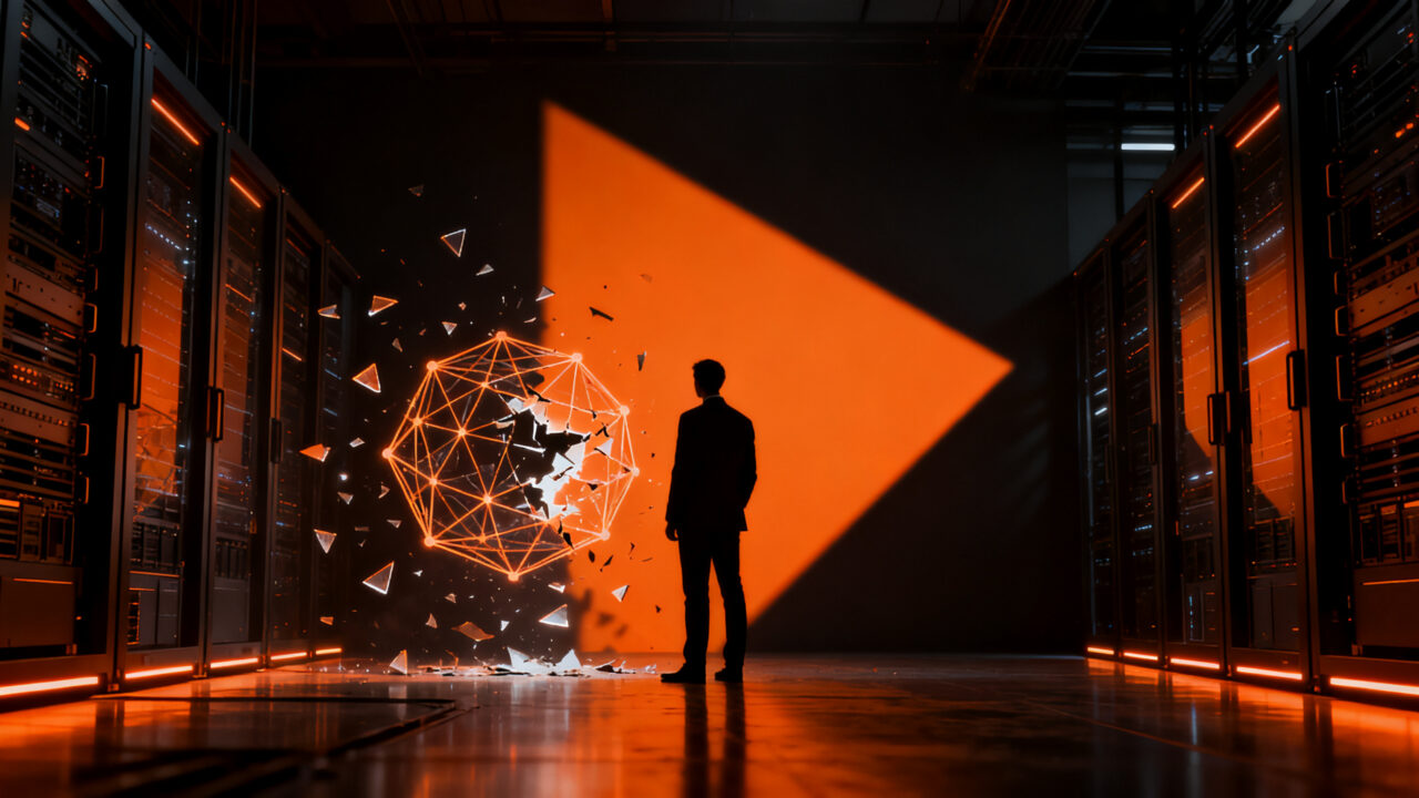 Silueta de un ejecutivo frente a una red de inteligencia artificial en descomposición tras la quiebra de una startup tecnológica.