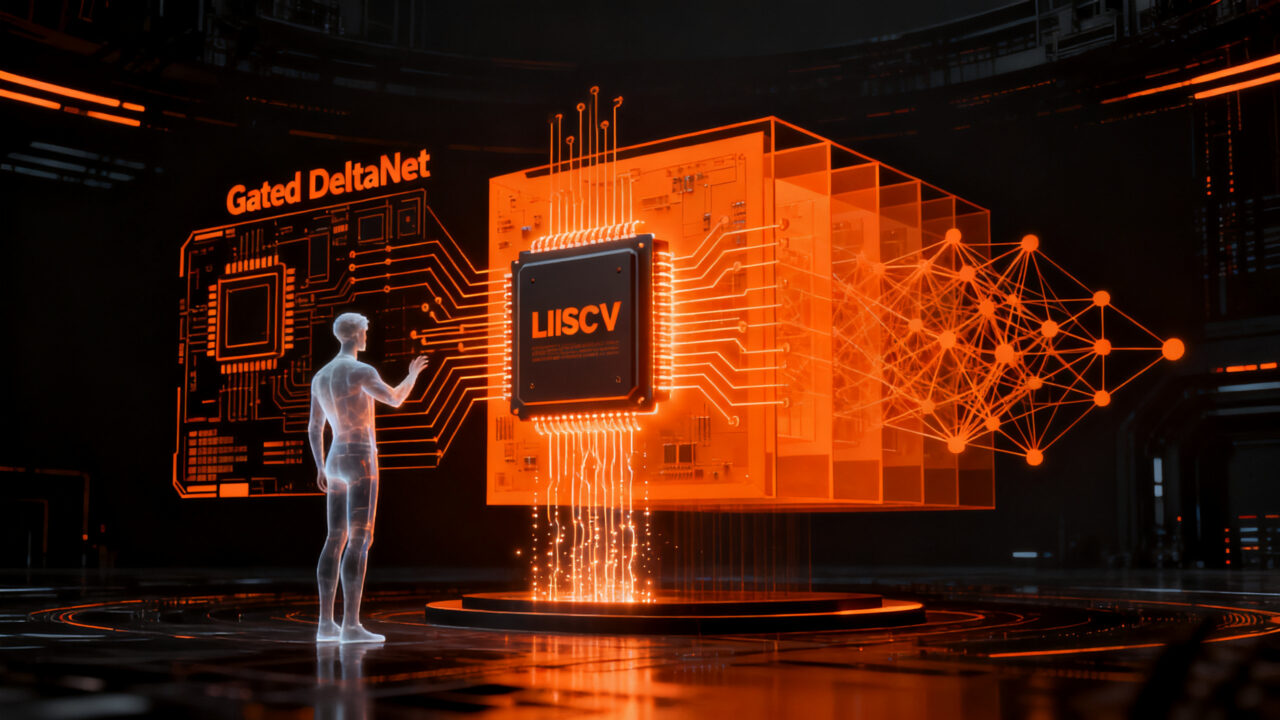 Representación visual de un procesador RISC-V integrado dentro de la arquitectura de una red neuronal de IA, simbolizando la computación interna en modelos avanzados como Qwen 3.5.