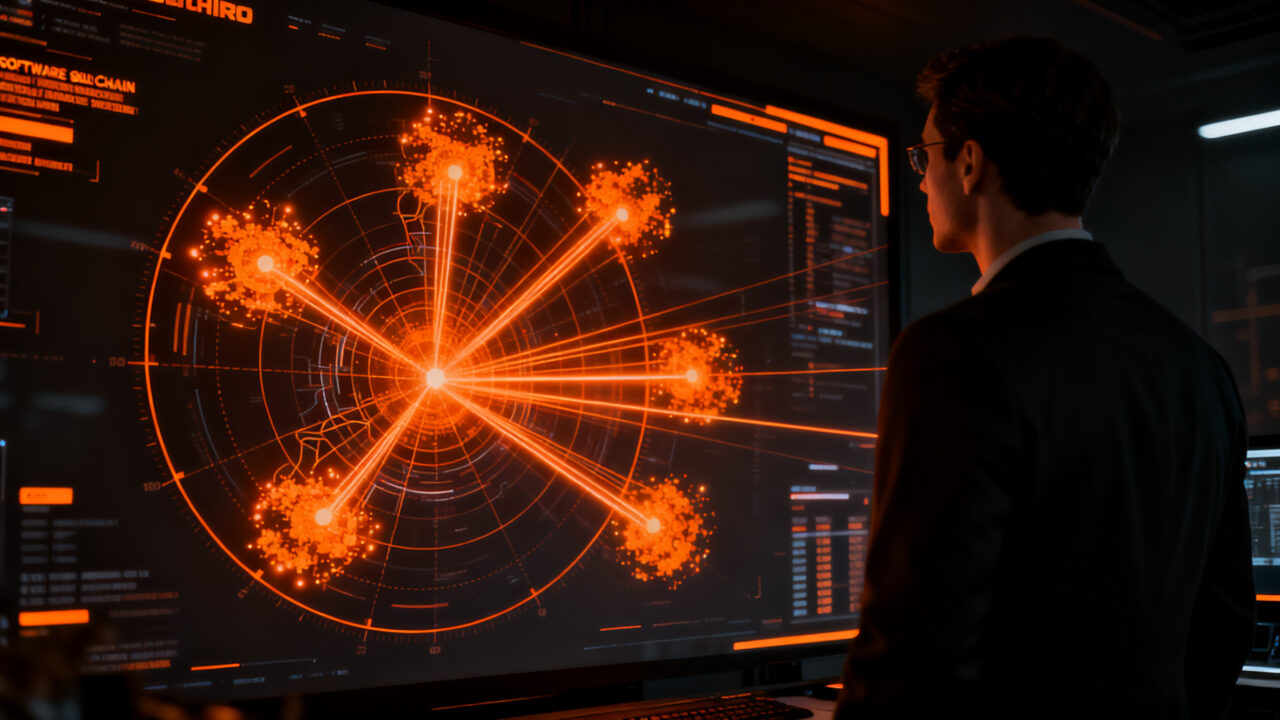 Analista de ciberseguridad monitoreando un radar de vulnerabilidades y amenazas críticas para startups.
