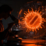 Investigación biotecnológica con IA, un científico observa un bacteriófago diseñado sintéticamente en un laboratorio de vanguardia.