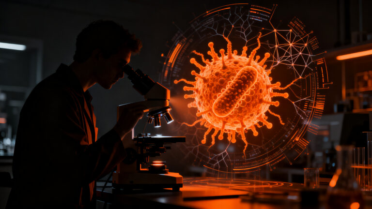 Investigación biotecnológica con IA, un científico observa un bacteriófago diseñado sintéticamente en un laboratorio de vanguardia.