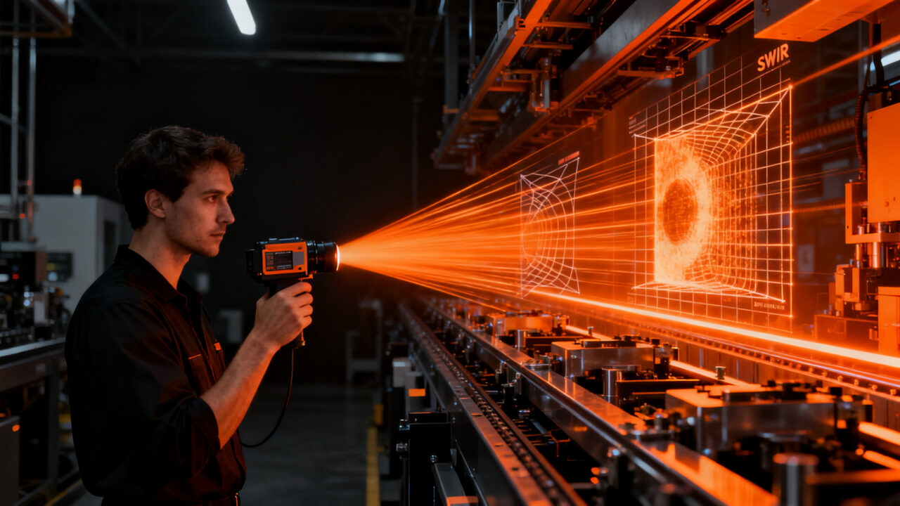 Ingeniero utilizando cámaras térmicas y SWIR de Raytron para inspección industrial de alta precisión en una fábrica inteligente.